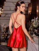 Litae Kırmızı Dantel İşlemeli İnce Askılı Sırt Dekolteli Saten Mini Gecelik thumbnail 2