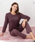 Pijamoni Kadın Milan Bisiklet Yaka Uzun Kol İnce Pijama Takımı 7600/36 - 1 Adet  S - M Mürdüm thumbnail 1