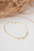 925 ayar gümüş altın yaldızlı ataç zincir detaylı ikili yonca gümüş bileklik SGTL13062GOLD thumbnail 4