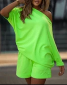 Kadın Kayık Yaka Salaş Iki Iplik Bluz Ve şort Ikili Takım thumbnail 3