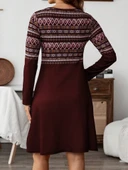 Kadın Uzun Kollu Bisiklet Yaka Etnik Desenli Kısa şardonlu Dalgıç Elbise thumbnail 2