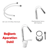 Kuğu Batarya Duş Bulaşık Musluğu Lavabo Banyo Mutfak Bataryası Mermer Üstü Çift Su Giriş Evye Kısa thumbnail 3