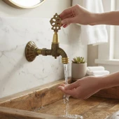 Pirinç Döküm Osmanlı Motifli Musluk Bahçe Çeşme Şadırvan Balkon İçin Dekoratif Otantik Musluk thumbnail 5