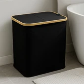 Doğal Bambu Çerçeveli Katlanabilir Kirli Sepeti – Kapaklı ve Kumaş Gövdeli Çamaşır Sepeti (Siyah) BR-6706 thumbnail 1