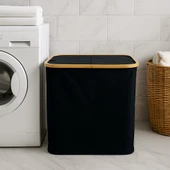 Doğal Bambu Çerçeveli Katlanabilir Kirli Sepeti – Kapaklı ve Kumaş Gövdeli Çamaşır Sepeti (Siyah) BR-6706 thumbnail 3