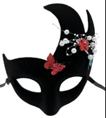 Siyah Renk İncili Taşlı Süet Kaplama Venedik Parti Maskesi 20x22 cm thumbnail 1