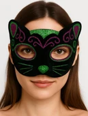 Siyah Kadife Kaplama Üzeri Pembe Yeşil Sim İşlemeli Kedi Maskesi 20x13 cm - 2