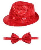 Kırmızı Payetli Şapka ve Papyon Seti – Parıltılı Yetişkin Kostüm Seti - 1