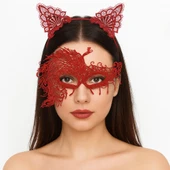 Alevin Zarafeti Kırmızı Dantel Maske ve Taç Seti 4 No – Kadın Kostüm Tamamlayıcı thumbnail 2