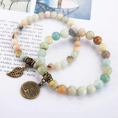 Valkyrie Doğal Amazonit Taşı Bileklik Seti Hayat Ağacı & Yaprak Charm El Yapımı Enerji Dengeleyici - 5