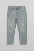 Kadın Buz Mavisi Yırtık Detaylı Mom Jean Pantolon - 1