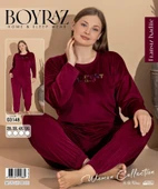Boyraz Kadın KIŞLIK Fransız Kadife Büyük Beden Bisiklet Yaka Uzun Kol Pijama Takımı 03148 - 1 Adet  4XL Bordo thumbnail 2