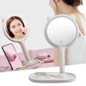 BUFFER® Kedi Kulaklı Telefon Standlı Yuvarlak Dokunmatik Led Ayarlı Masa Üstü Makyaj Aynası - 1
