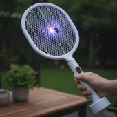 BUFFER® USB Şarjlı Beyaz Renk Kendiliğinden Standlı Şarj Göstergeli UV Işıklı Sinek Öldürme Raketi LTD-718 - 2