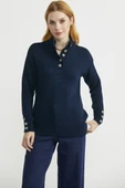 Dik Yaka Düğme Detaylı Yünlü Triko Kazak - Lacivert thumbnail 2