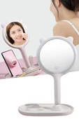 BUFFER® Kedi Kulaklı Telefon Standlı Yuvarlak Dokunmatik Led Ayarlı Masa Üstü Makyaj Aynası - 6