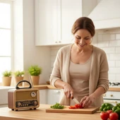 BUFFER® Orta Boy Retro, Nostaljik, Ahşap Tasarım Bluetooth Hoparlörlü, Şarjlı, Taşınabilir FM/AM Destekli Radyo NS-8110 - 2