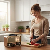 BUFFER® Orta Boy Saat Göstergeli Retro Ahşap Tasarım Bluetooth Hoparlörlü Radyo – FM/AM Destekli, Şarjlı ve Taşınabilir Radyo NS-8898 - 4