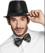 Siyah Payetli Şapka ve Papyon Seti – Parıltılı Yetişkin Kostüm Seti thumbnail 2