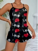 Ask Temalı Kalp Desenli Saten Şortlu Gecelik thumbnail 3