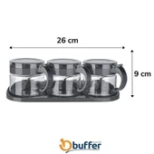 BUFFER® Gri  3lü Standlı Kapaklı Kaşıklı Cam Hava Sızdırmaz Baharatlık Takımı KC-386 - 4