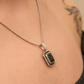 Gümüş Lacivert Taşlı Dikdörtgen Kadın Kolye SL12656 thumbnail 8
