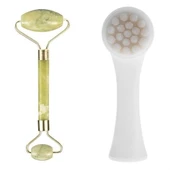 BUFFER® 2li Set Çift Taraflı Cilt Temizleme Fırçası ve Yeşim Taşı Çift Taraflı Cilt Masaj Aleti - 1