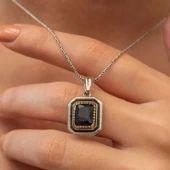 Gümüş Lacivert Taşlı Dikdörtgen Kadın Kolye SL12656 thumbnail 3