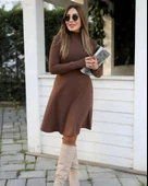 MDB Kadın Uzun Kollu Balıkçı Yaka Salaş Kusa Akrilik Elbise thumbnail 3