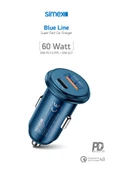 Simex Blue Line SM-30 60W Süper Hızlı Araç Şarj Cihazı PD 3.0 QC 4.0 Çift Port Mavi - 1