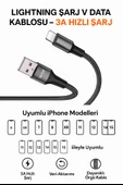 Lightning Hızlı Şarj ve Veri Aktarım Kablosu 3A Güçlü Akım Naylon Örgü Dayanıklı Tasarım iPhone Uyumlu 1 Metre - 3