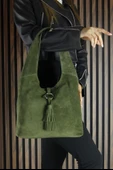 Erkan Saçmacı Haki Hakiki Dana Süet Püsküllü Manyetik Kapaklı Orta Boy Günlük Omuz Çantası thumbnail 1