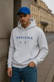 Erkek Kapüşonlu Cepli Yazı Baskılı Beyaz Sweatshirt - 1