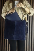 Erkan Saçmacı Lacivert Hakiki Dana Süet Püsküllü Manyetik Kapaklı Büyük Boy Günlük Omuz Çantası ve El Çantası - 4