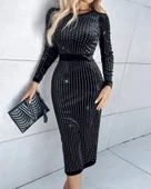 MDB Kadın Uzun Kollu Bisiklet Yaka Taşlı Midi Kadife Elbise thumbnail 2