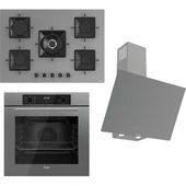 Ferre FLOWART-SILENTART Serisi Gri Set (SS038 + QBL63CPR +D079-SA) - Emaye Izgara / 75 cm Ocak thumbnail 1