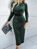 MDB Kadın Uzun Kollu Bisiklet Yaka Taşlı Midi Kadife Elbise thumbnail 1