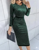 MDB Kadın Uzun Kollu Bisiklet Yaka Taşlı Midi Kadife Elbise thumbnail 2