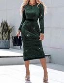 MDB Kadın Uzun Kollu Bisiklet Yaka Taşlı Midi Kadife Elbise thumbnail 4