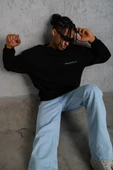 Erkek Oversize Sweatshirt – Siyah Renk | Ön ve Sırt Baskılı, Üç İplik İçi Pamuklu Kumaş, Rahat Kalıp, Ribanalı Kışlık Sw thumbnail 3