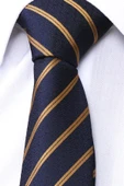 Esgue Hand Made 7.5 cm Gold Sarı & Lacivert Çizgili Desen Mendilli Kravat thumbnail 4