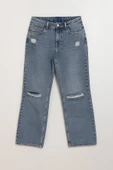 Kadın Yüksek Bel Wide Leg Yırtık Detaylı Buz Mavisi Jean Pantolon - 2