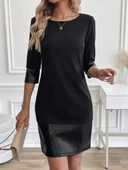 MDB Kadın Uzun Kollu Bisiklet Yaka Deri Detaylı Ithal Krep Elbise thumbnail 5