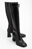 Kadın Siyah Cilt Küt Burun Diz Altı Topuklu Çizme thumbnail 2