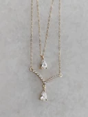 Su Damlası Taşlı İkili Çelik Kolye Aksesuar Hediyelik - 1