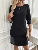 MDB Kadın Uzun Kollu Bisiklet Yaka Deri Detaylı Ithal Krep Elbise thumbnail 3