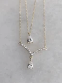 Su Damlası Taşlı İkili Çelik Kolye Aksesuar Hediyelik - 3