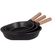 İmza Antik Ahşap Sap Granit Döküm Tava Seti 3lü 20-24-28 cm - 1