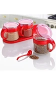 NACTUMU Kırmızı 3'lü Kapaklı Kaşıklı Cam Baharatlık Takımı, Hava Sızdırmaz Standlı thumbnail 3