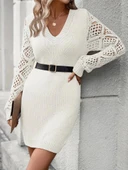 MDB Kadın Uzun Kollu V Yakalı Mini Triko Elbise thumbnail 3